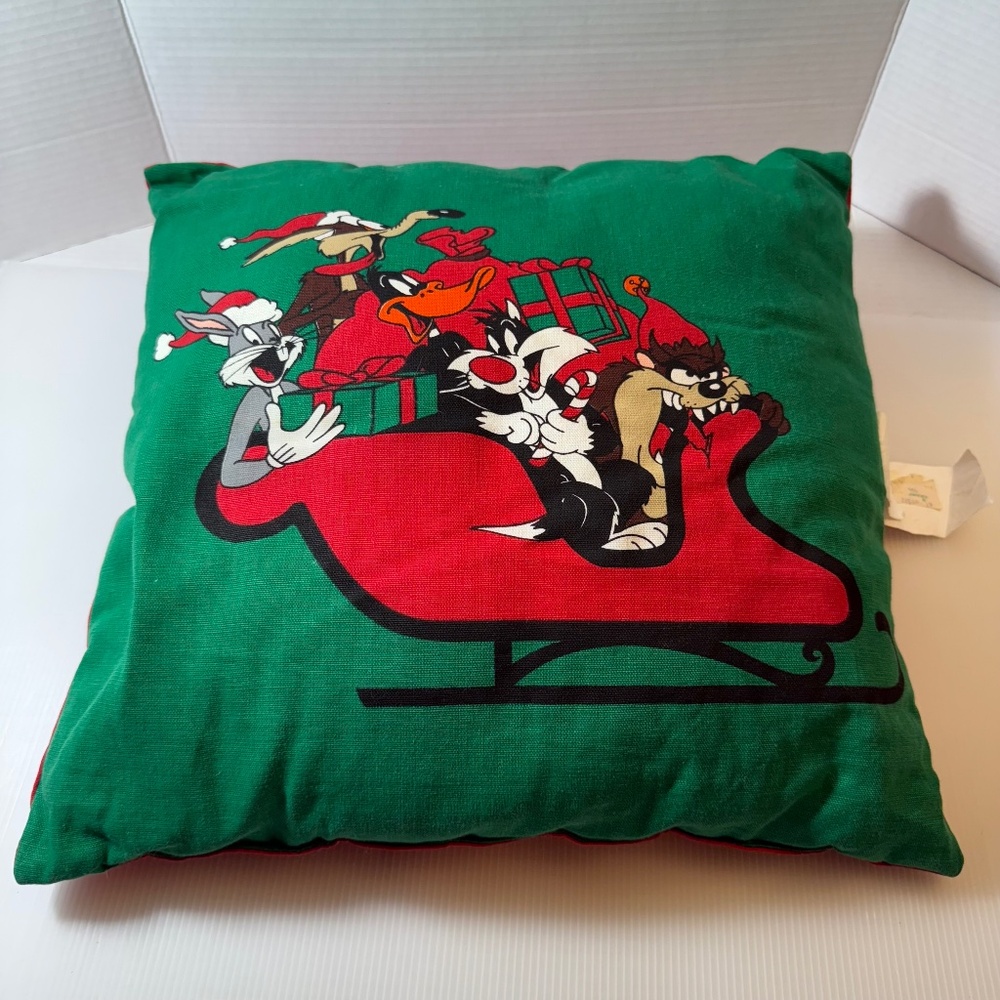 Vintage Warner Bros Looney Tunes Double Sided Buggs Taz Porky Christmas Pillow